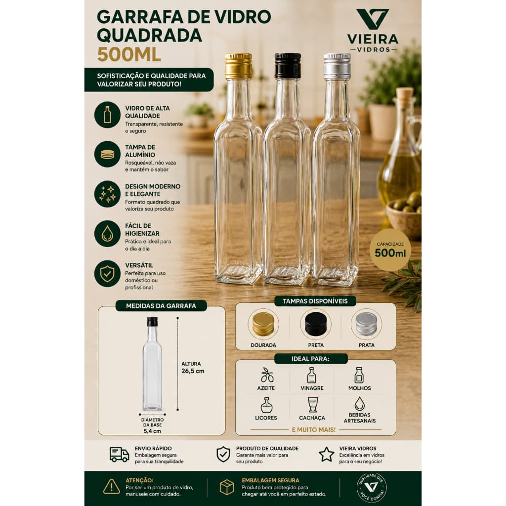 Garrafa de Vidro Galheiteiro Quadrado para Azeite, Vinagre, Licor e Molhos com Tampa de Alumínio