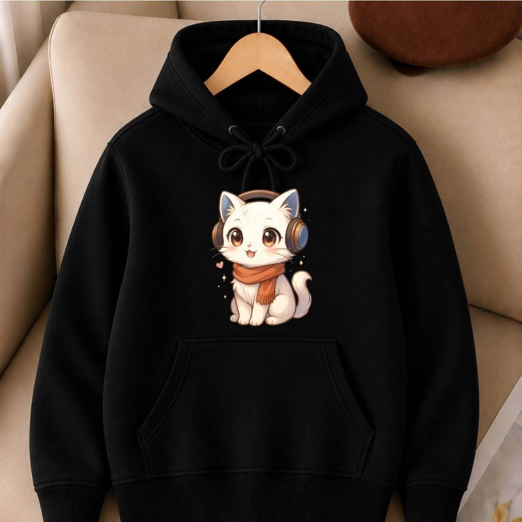 Blusa Canguru Infantil em Moletom Flanelado Confortável para o Inverno Estampa Gatinha e Fone Fofo