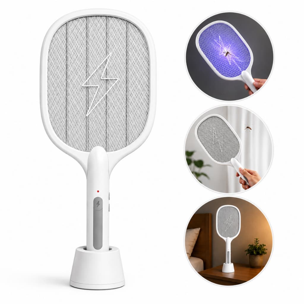 Raquete Elétrica Armadilha Mata Mosquito Mosca Com Luz UV E Base Recarregável De Apoio Bivolt