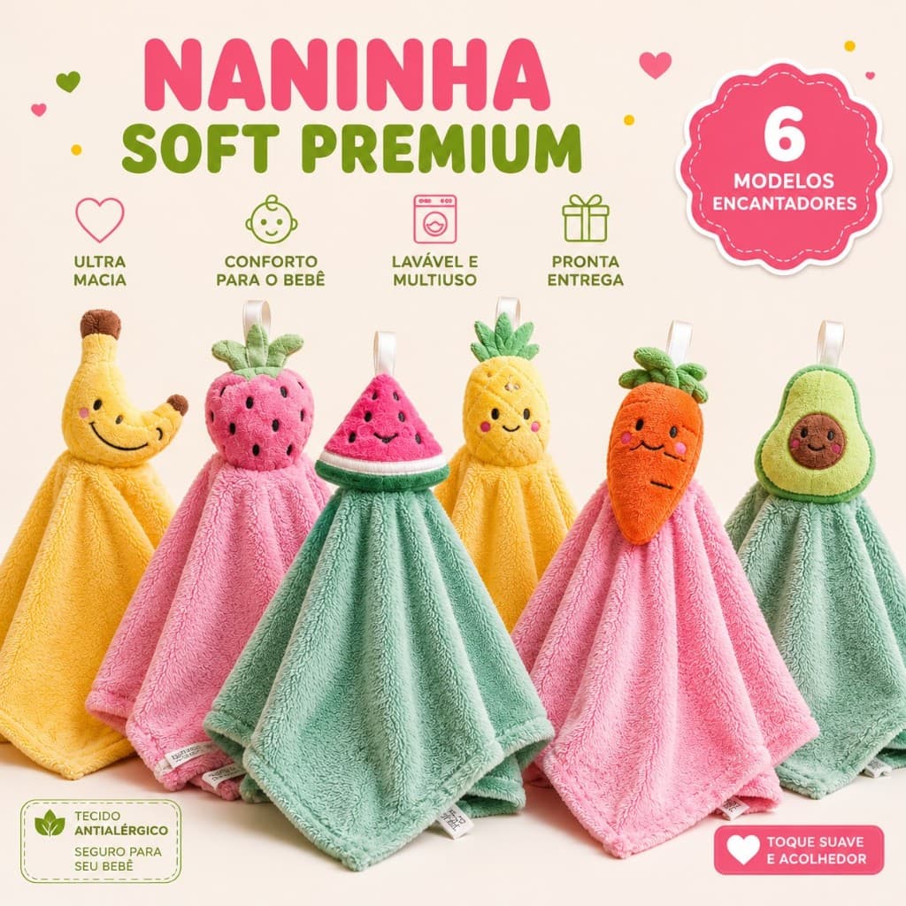 Naninha Bebê Soft Pelúcia Frutas Paninho de Apego Macio Multiuso Lavável