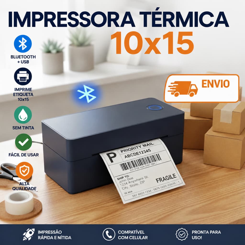 Impressora Termica de Etiquetas 100x15 Bluetooth 4x6 Para Shopee Mercado Livre Correios Compatível com PC e Celular