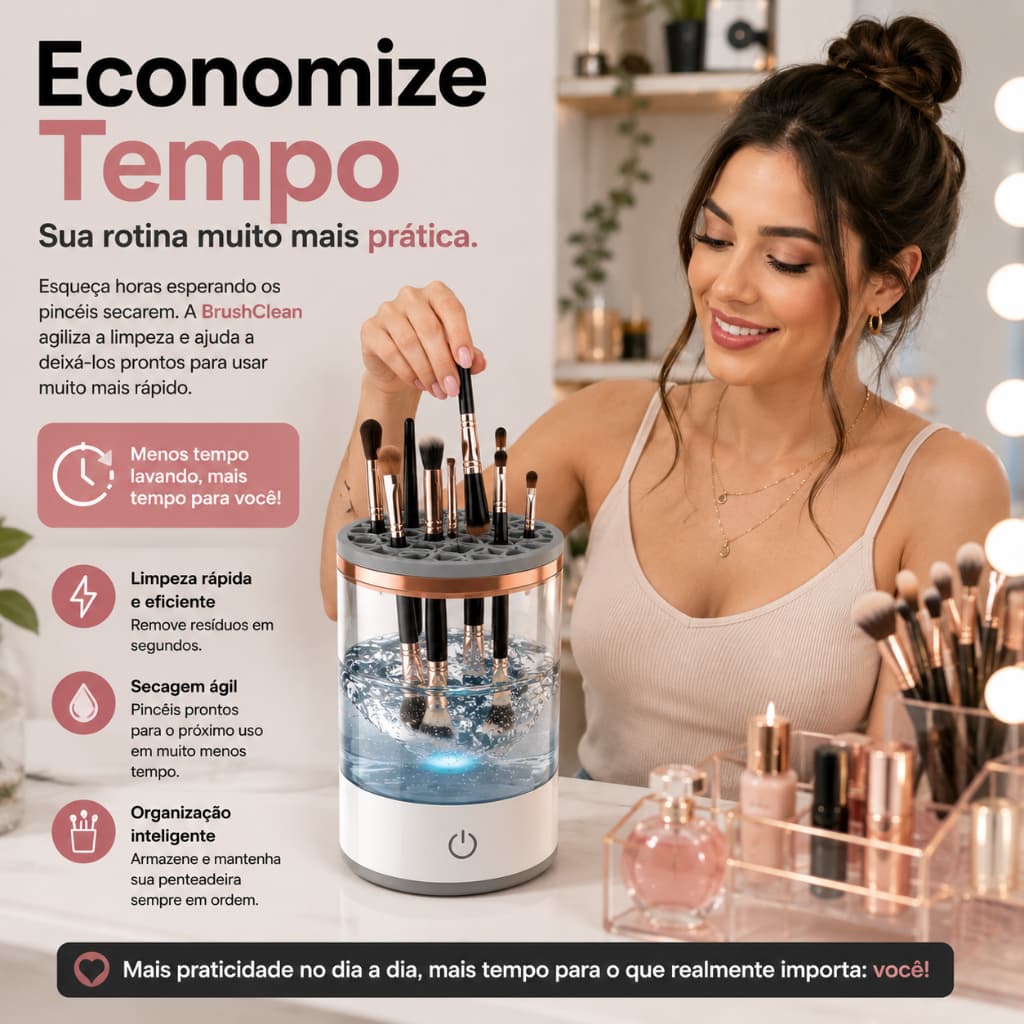 Limpador Automático de Pincéis de Maquiagem Elétrico – 3 em 1 - Limpa, seca e armazena