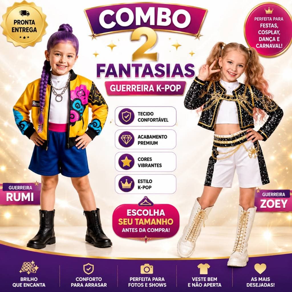 Kit com  Fantasias Cosplay KPOP Rumi e Mira  Infantil Guerreira Filme Moda Traje Luxo