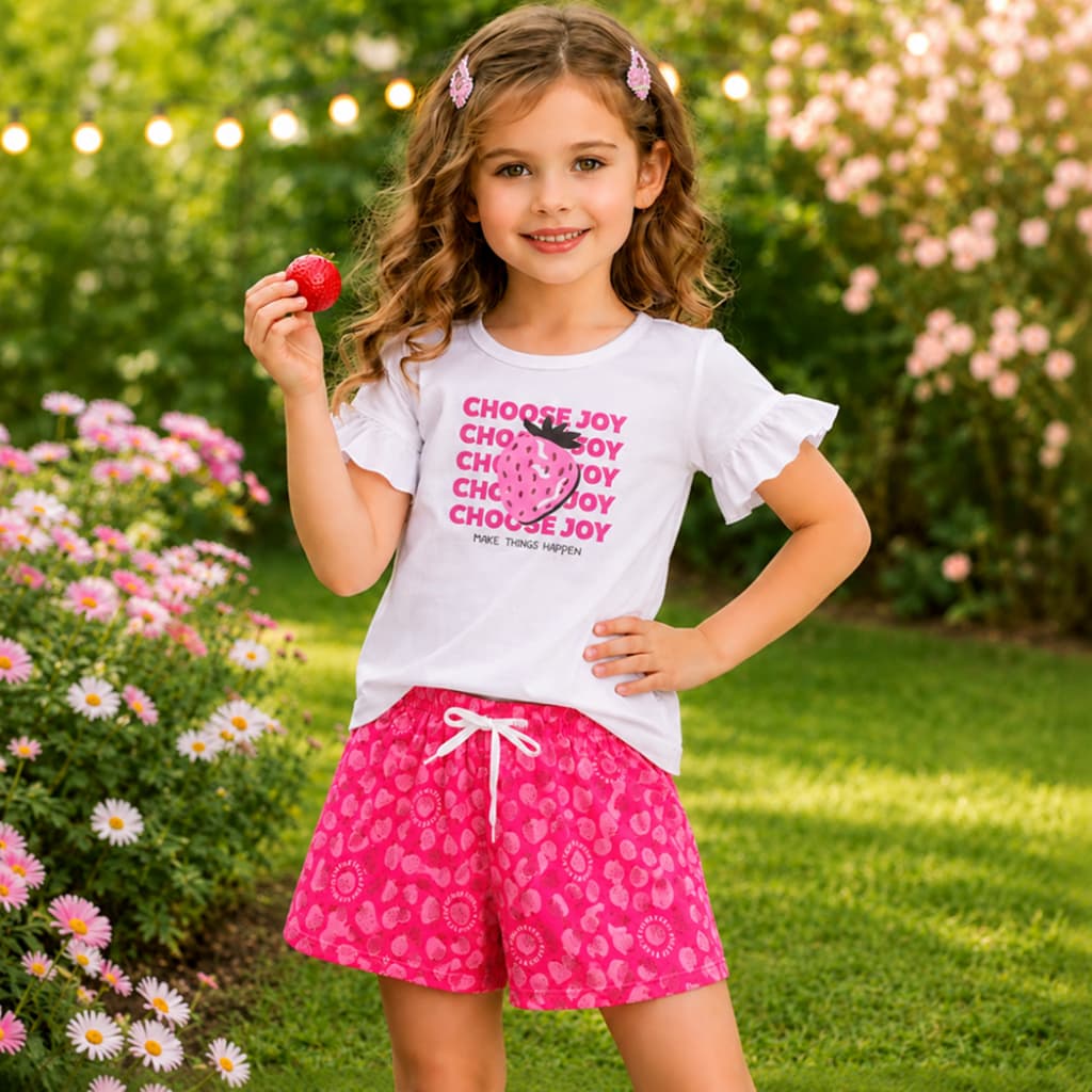 Conjunto Infantil Menina Blusa Meia Malha com Estampa Morango e Bermuda em Poliflex Estampada Verão