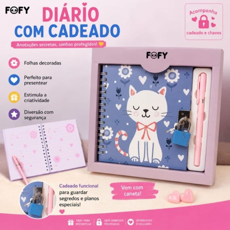 ​Kit Diário Secreto Fofy Cadeado Chave Caneta Fineliner Caderno Menina Presente Volta Aulas Roxo