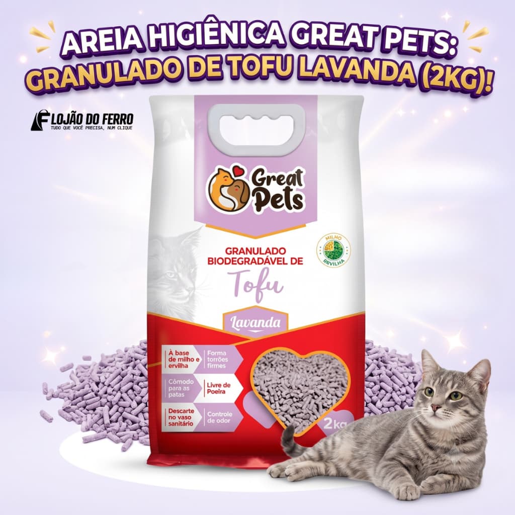 Areia Gatos Tofu 2kg Granulado Biodegradável Higiênico Lavanda Great Pets