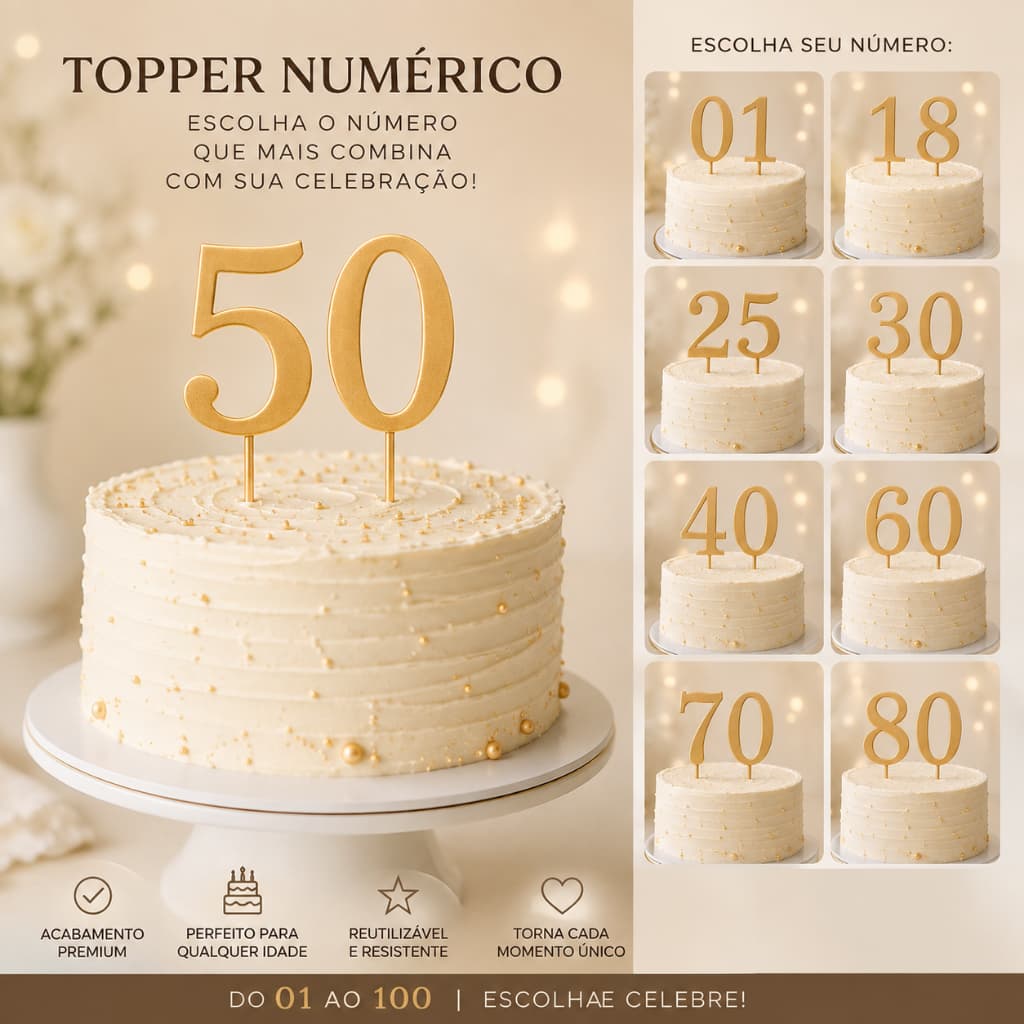 Topo de Bolo Número Personalizado Idade 01 ao 100 Decoração Festa Aniversário