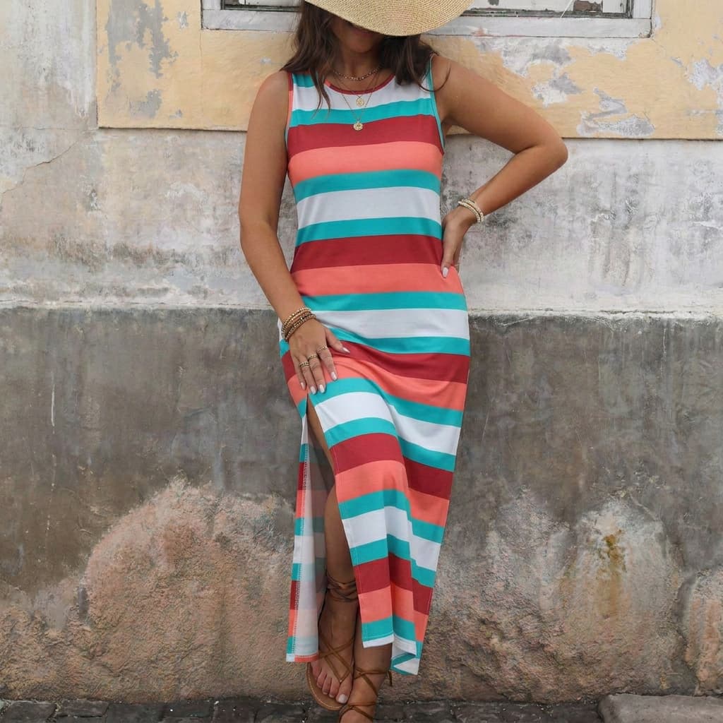 Vestido Regata Plus Size Longo Estampado Confortavel Elegante Chic Casual Moderno Fenda Dia Das Mães  2744