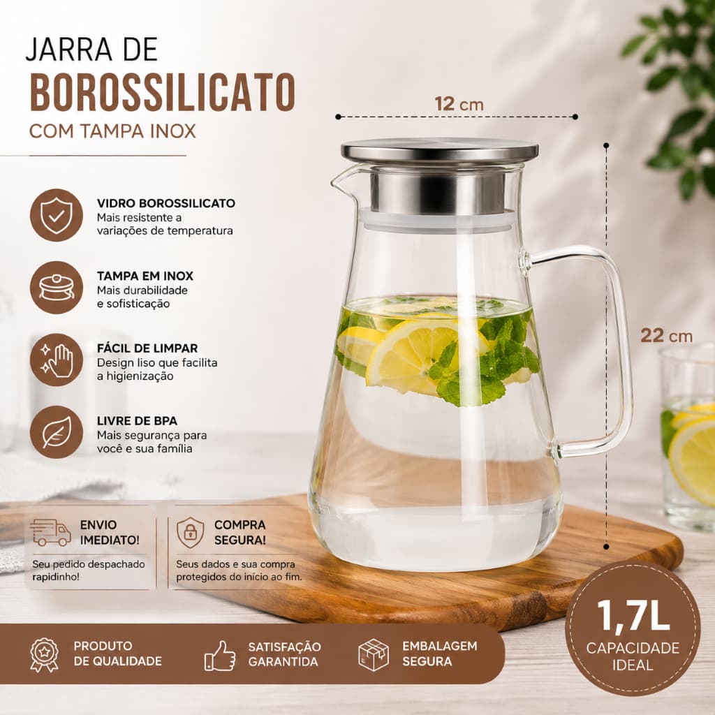 Jarra de Vidro 1,7L Borossilicato Transparente com Tampa Inox Linha Mesa Posta Jarra de Suco Geladeira