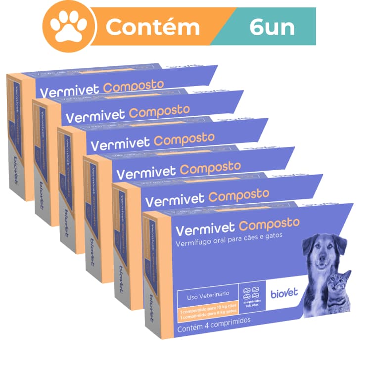 Kit 6 Caixas Vermífugo Vermivet 600mg Cães e Gatos 4 Unididades