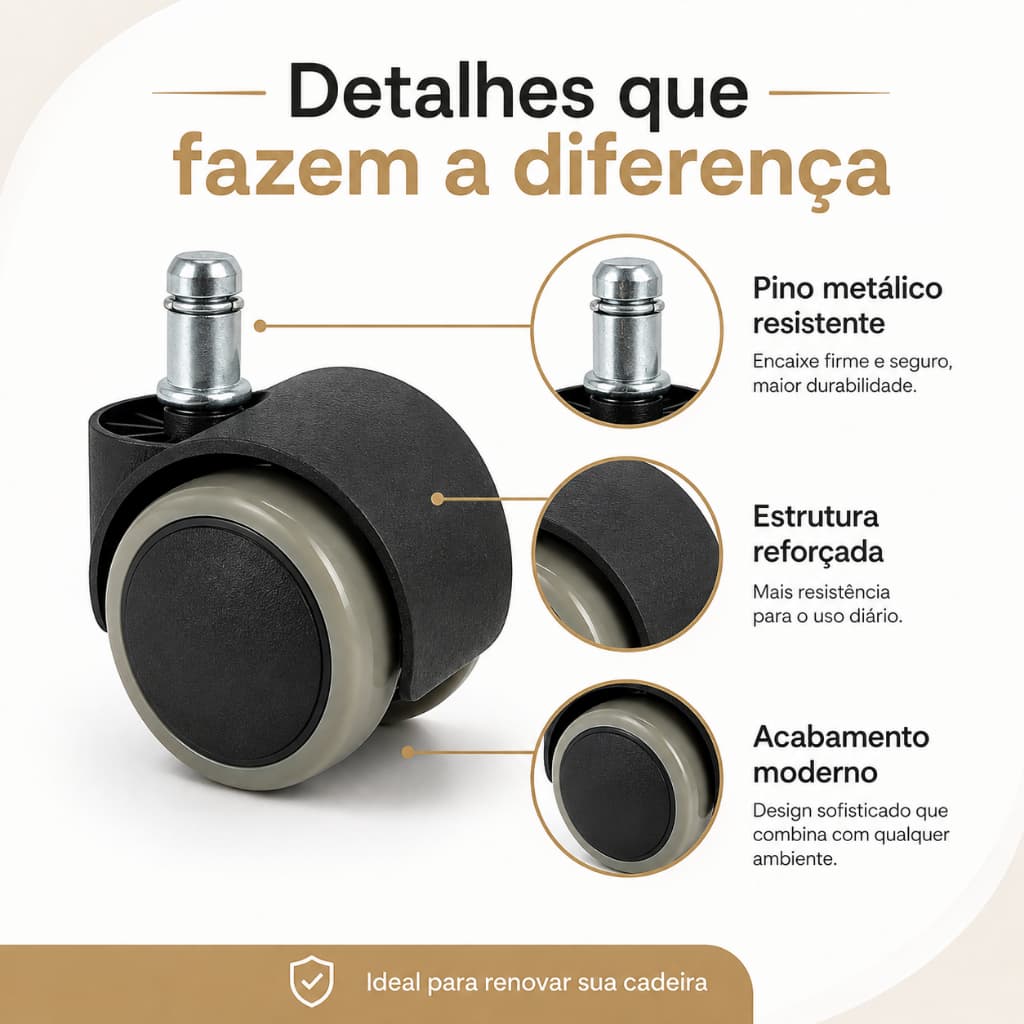Rodízios Rodinhas Para Cadeira de Escritório Kit com 5 Gamer Silicone Anti-risco Pino 11mm