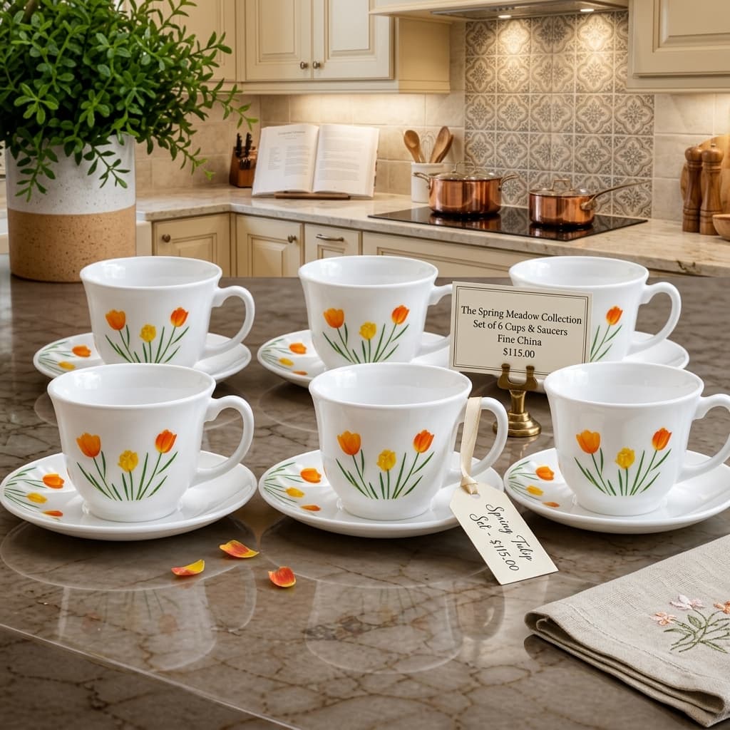 Conjunto Xicara Cha Tulipa Garden 12 Pecas Porcelana Branca Elegante