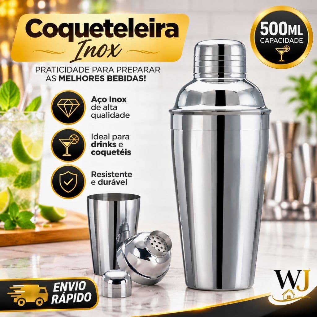 Coqueteleira 500ml Cobbler Inox Profissional para Drinks Bartender Bar Caipirinha Coquetel