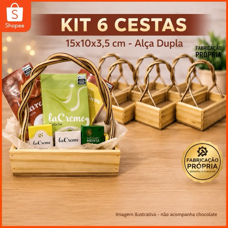 Kit 6 Cestas Madeira Pinus Alça Dupla - Cesta Para Presente, Páscoa, Dia das Mães, Namorados e Natal