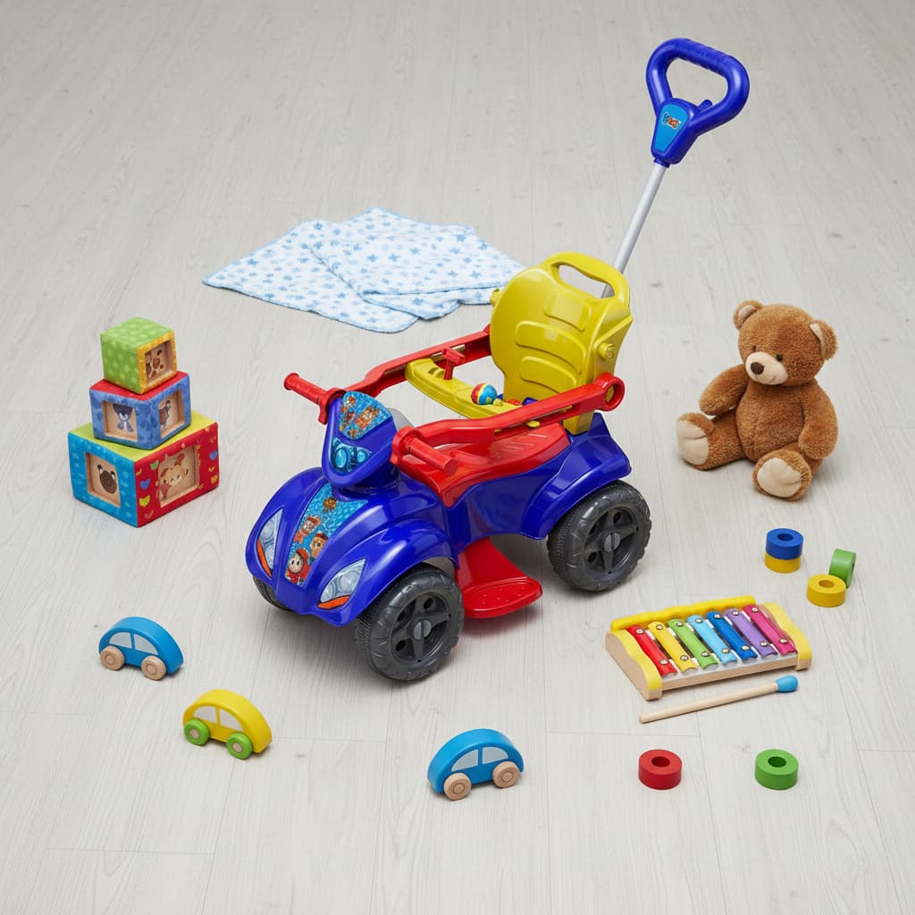 Quadriciclo Infantil Veiculo Passeio com Hastes Proteção e Empurrador Segurança Diversão