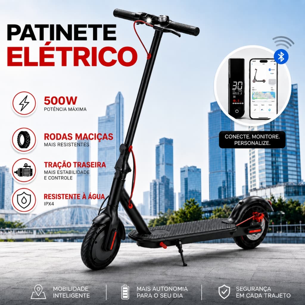Patinete Elétrico Adulto FOLRA 500W 36V 7.8Ah Dobrável 30km/h - App Bluetooth Freio Seguro Bateria Longa Duração