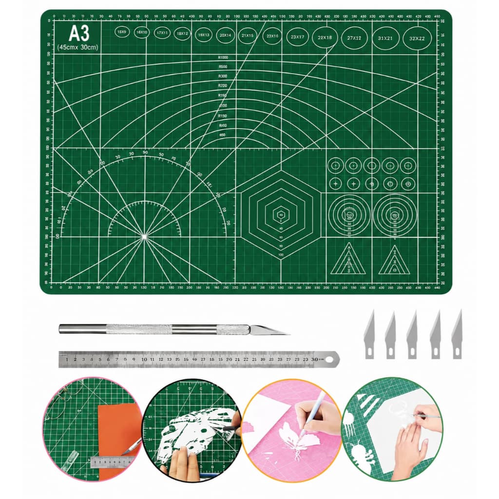 Kit Base de Corte A3 45x30cm Autocicatrizante com Estilete, 5 Lâminas e Régua de Aço 30cm – Verde
