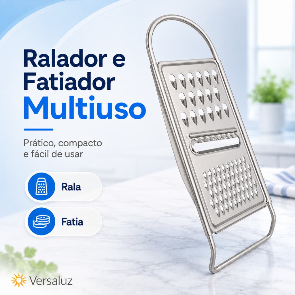 Ralador e Fatiador Multiuso em Inox 2 em 1 com Suporte – Manual para Queijo, Legumes e Verduras