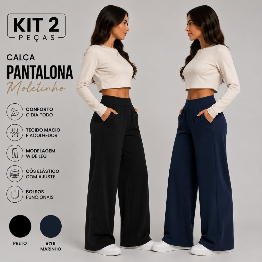 Kit 2 Calças Pantalona Feminina Moletinho Confortável Casual Bolsos Fontais