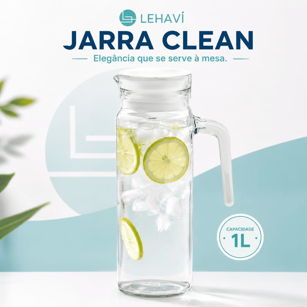 Jarra de Vidro Redonda 1 Litro para Água e Suco Transparente Clean Lehavi