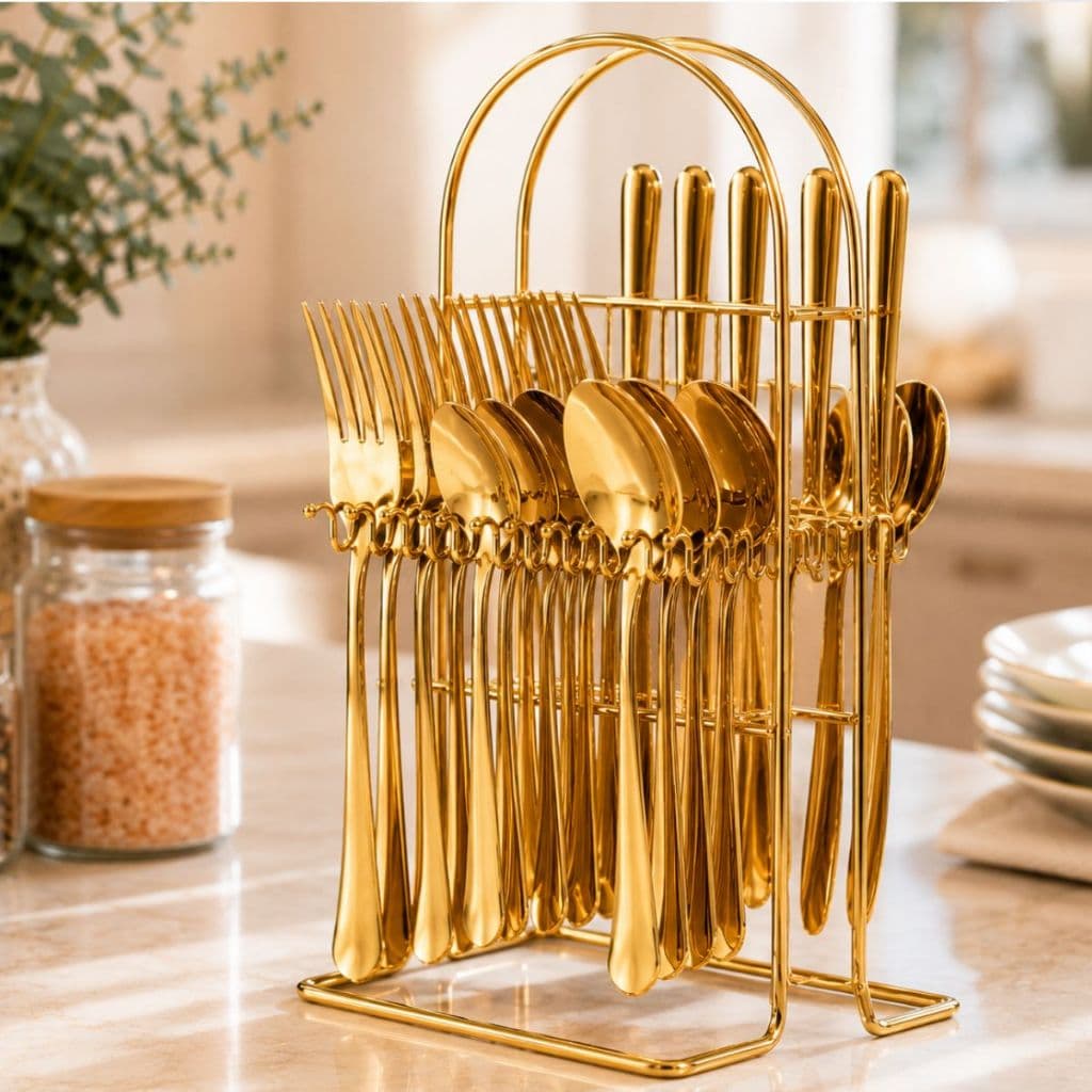 Suporte de Talhere em Aço Inox Porta Talher Prata e Dourado – Para Até 24 Peças (Não Acompanha Talheres)