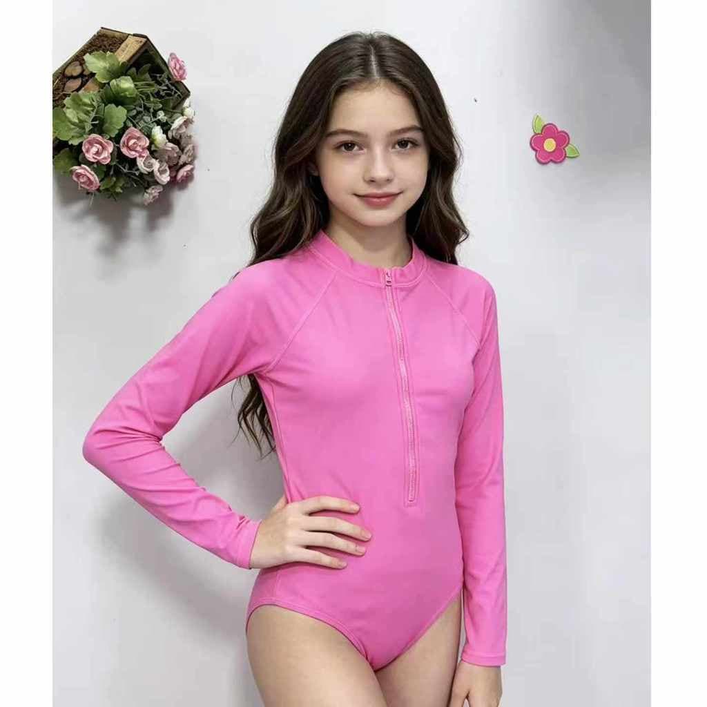 Maiô Infantil Manga Longa Proteção UV50+ Praia Piscina Zíper Biquini Juvenil