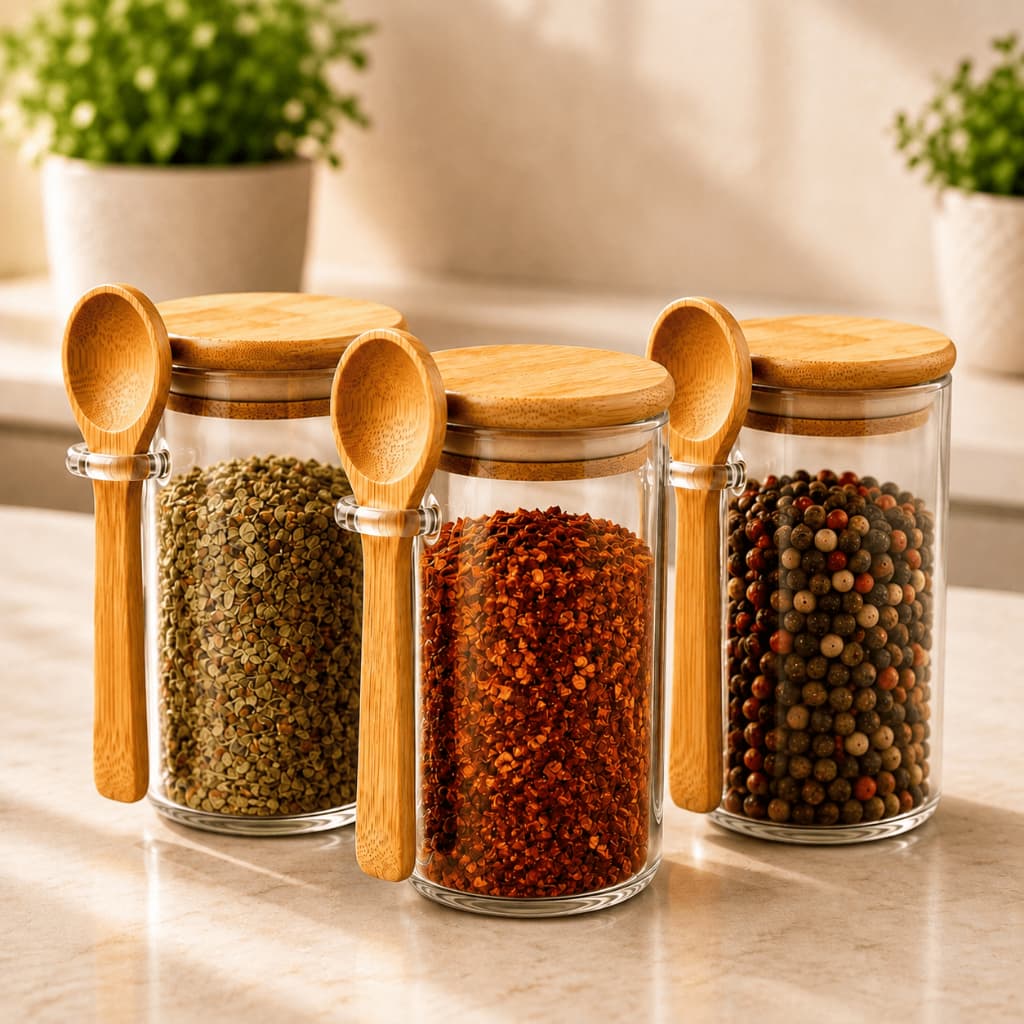 Kit Pote de Vidro 300ml Tampa e Colher de Bambu Hermético Organizador Tempero Cozinha ENVIO IMEDIATO