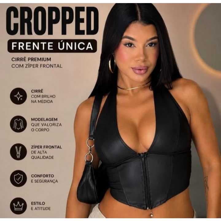CROPPED KIMBERLY Cropped feminino decote v com ziper e barbatanas -  Blusa cropped top feminana tendencia moda blogueira