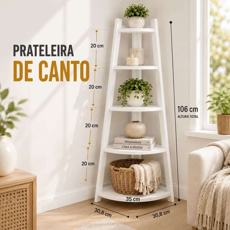 Prateleira Estante de Canto Grande Organizador 5 Andares Prateleiras MDF Branco