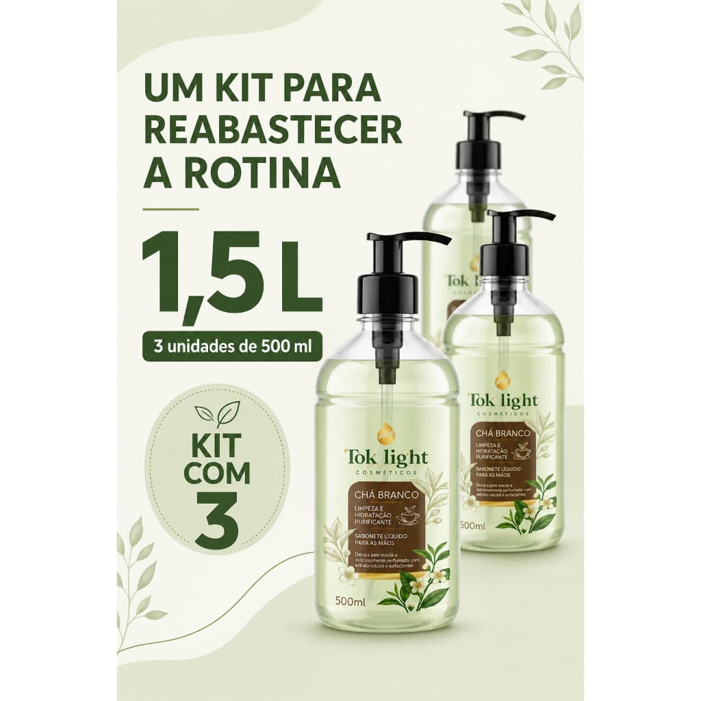 Sabonete Líquido Corpo e Mãos Tok Chá Branco 500ml Kit 3 Unidades Hidratante