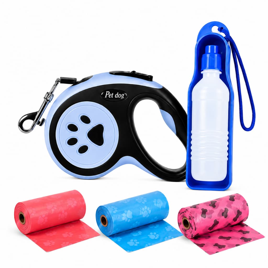 Kit Passeio Completo - Trela retrátil 5m com bebedouro Azul + refil de sacos higiênicos