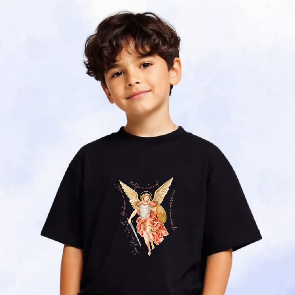 Camiseta Infantil Unissex Personalizada Camisa Católica São Miguel Arcanjo 100% Algodão