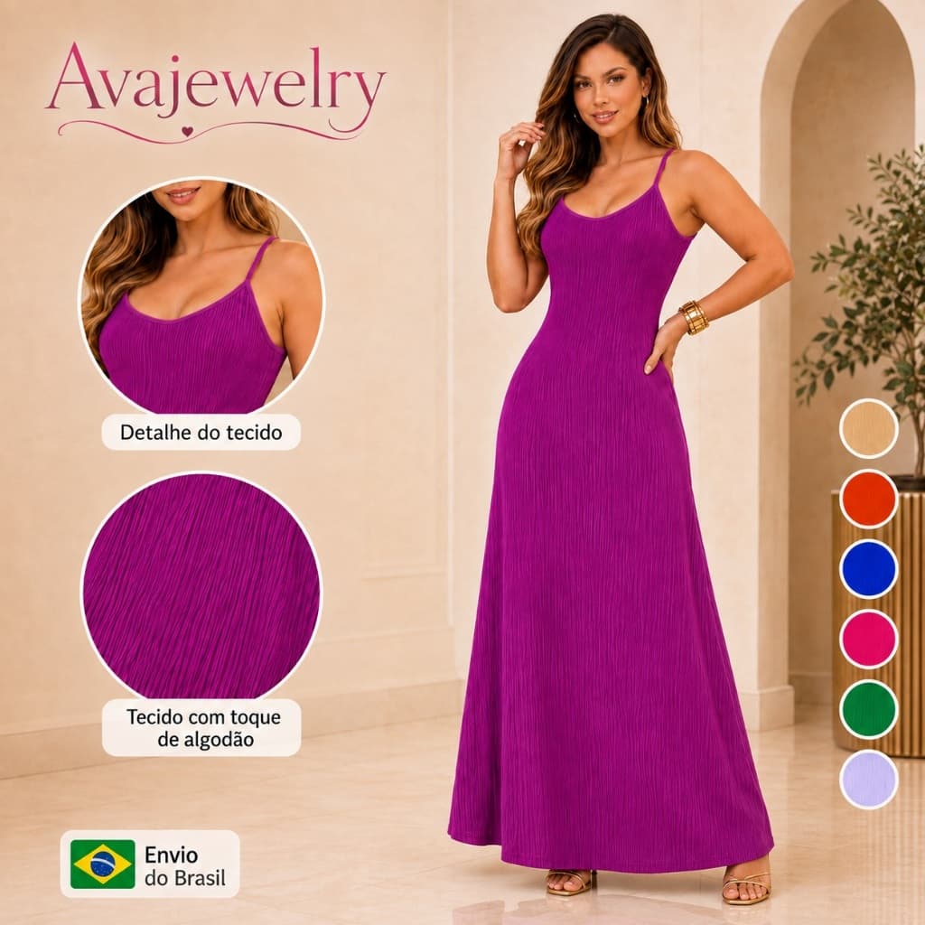 Vestido Longo Feminino com Alças Finas Tecido Texturizado Modelagem em A Elegante Verão Casual
