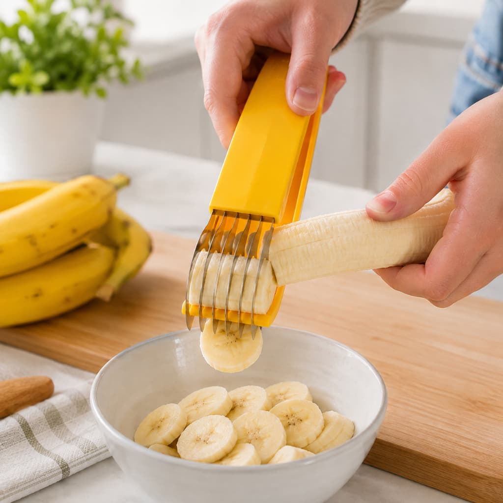 Máquina de Fatiar e Descascar Banana Cortador Prático Ideal para Lanches, Sobremesas e Cozinha