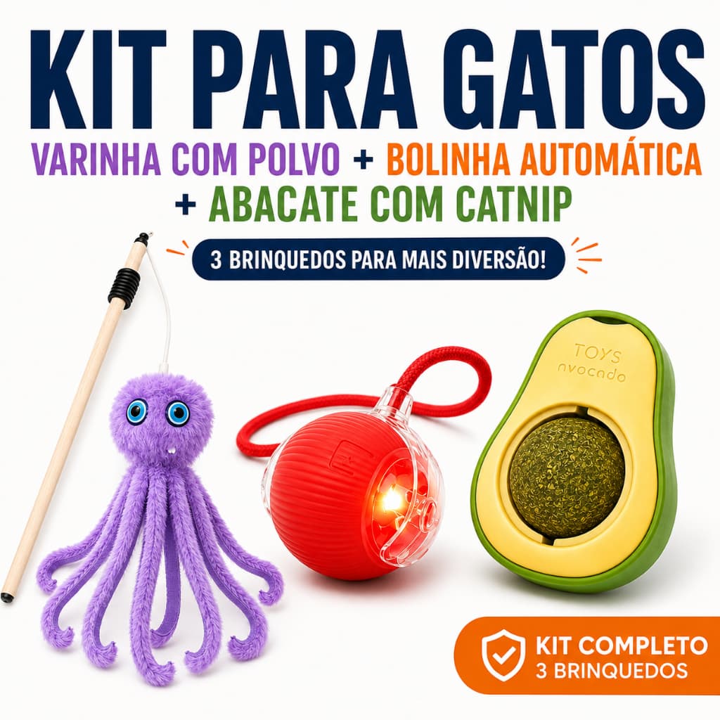 Kit Brinquedos Interativos para Gatos: Bolinha Automática + Varinha com Pelúcia Polvo e Som + Abacate com Catnip  - Pet