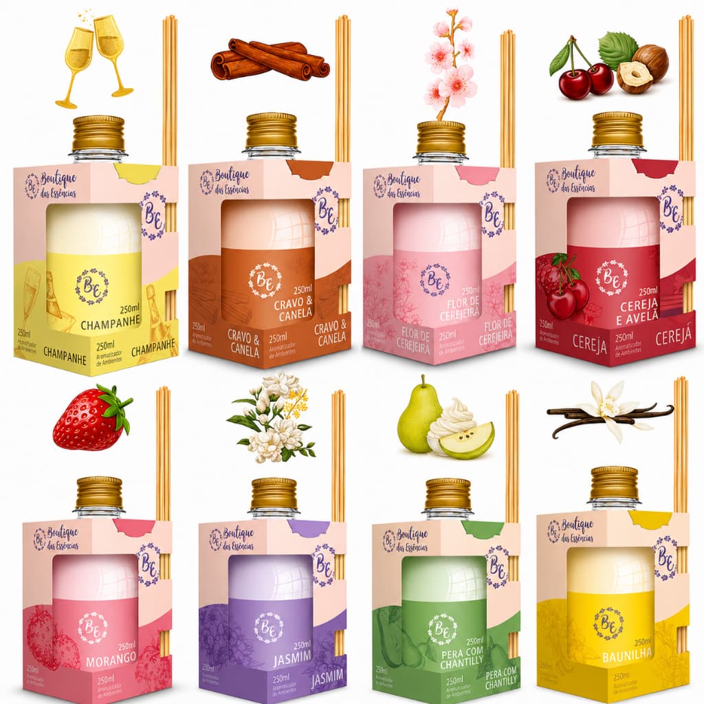 8 Difusor Aromatizador Ambiente 250ml Morango Baunilha Jasmim Cerejeira Cravo e Canela Pera Champanhe e Cereja e Avelã