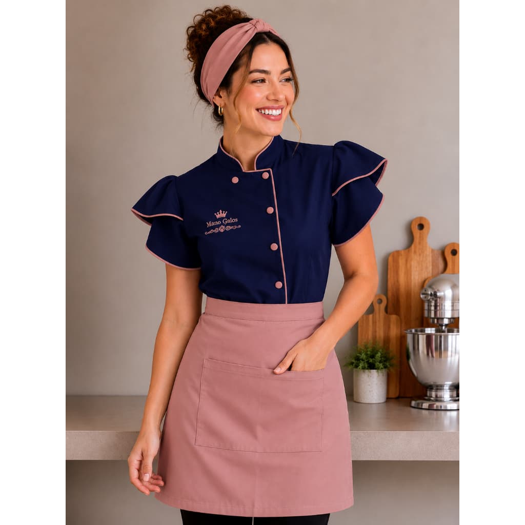 Nº 3 Kit Dolmã Princesa + Avental+ Faixa Chef Confeiteira Cozinha Gabardine Oxford Bordado | Uniforme Gastrônomia