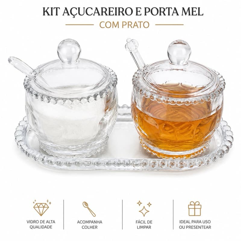 Kit Açucareiro e Meleiro de Vidro com Tampa Colher e Bandeja Porta Mel Açúcar para Mesa Posta Cantinho do Café