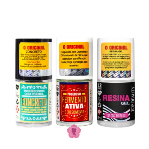 Kit 3 Bases Concreto Endurecedor + Fermento Ativa Crescimento + Top Coat Resina Gel Sos Unhas Top Beauty