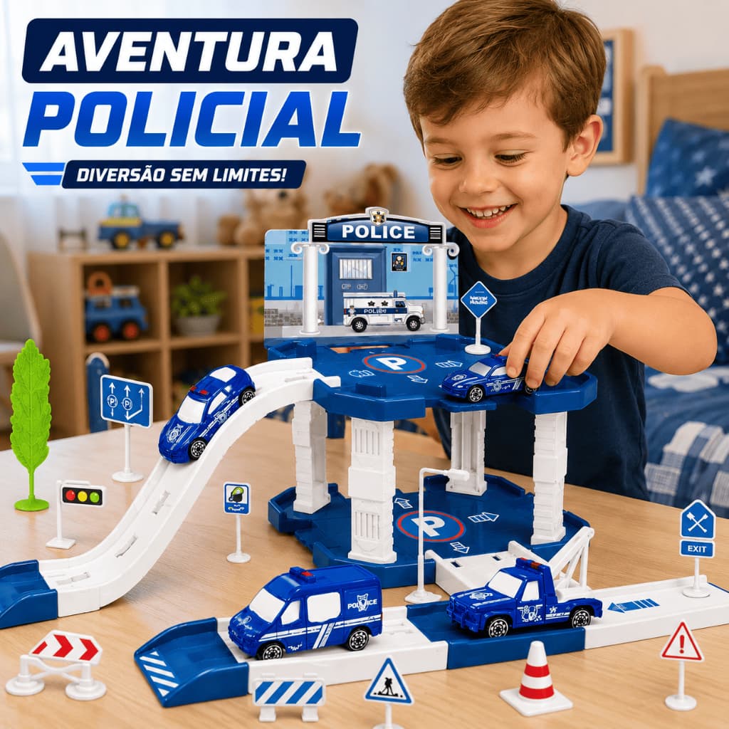 Estacionamento Policial De Brinquedo 40 Peças Com Carrinhos Helicóptero Infantil