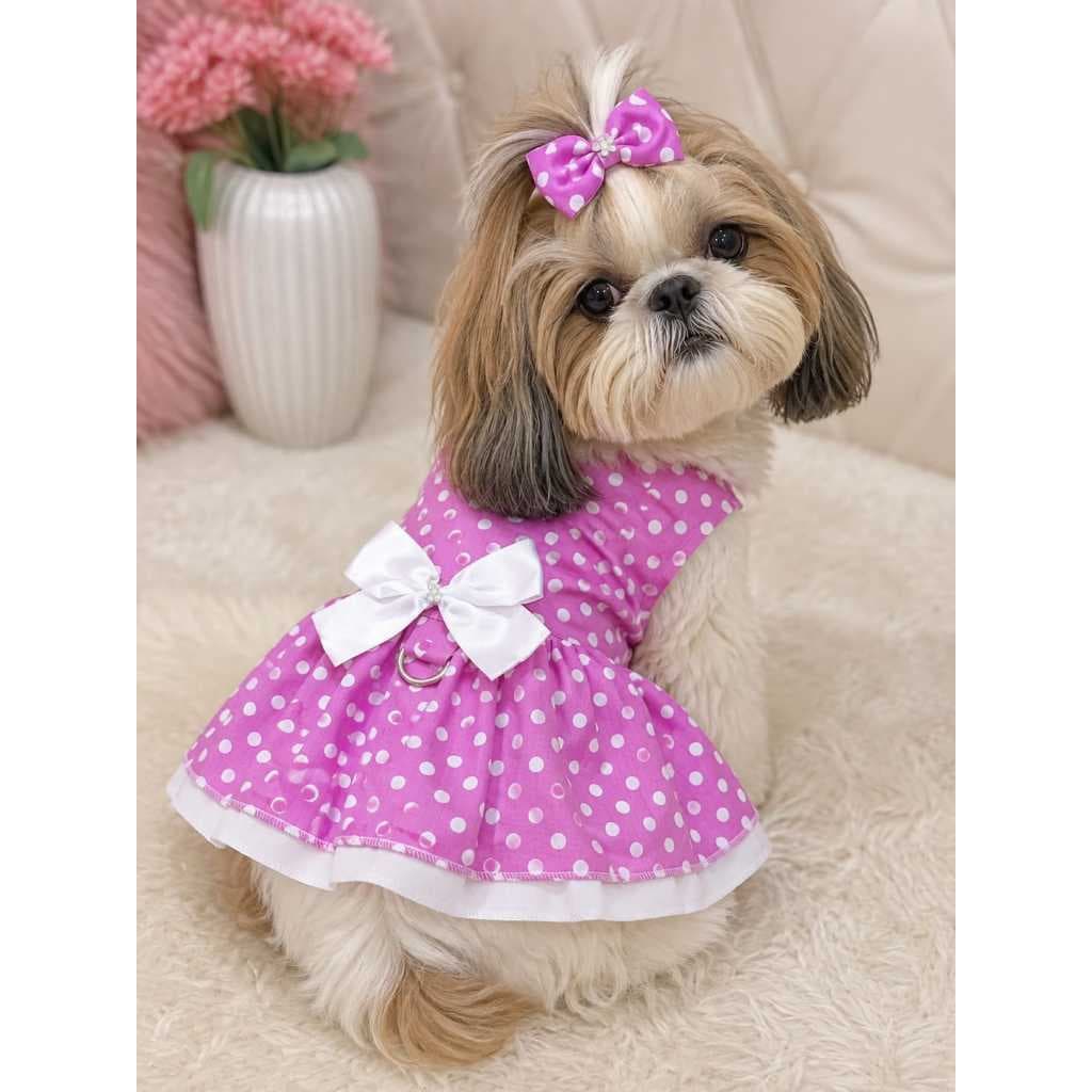 Vestido Cachorro Fêmea Poá Rosa Com Laço E Argola Guia