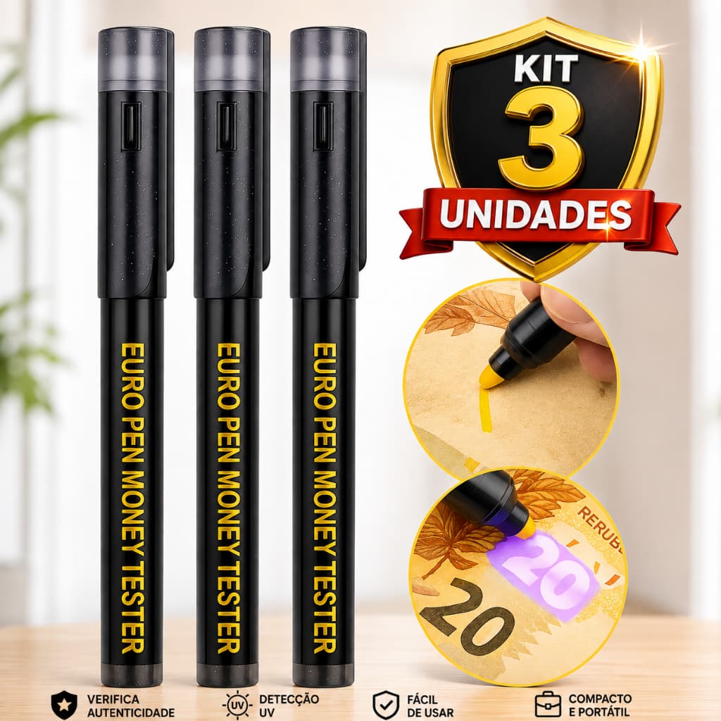 Kit 3 Canetas Detectoras de Notas Dinheiro Falso Teste Autenticidade Cédulas Real Dólar Euro Luz Negra UV Portátil Fácil