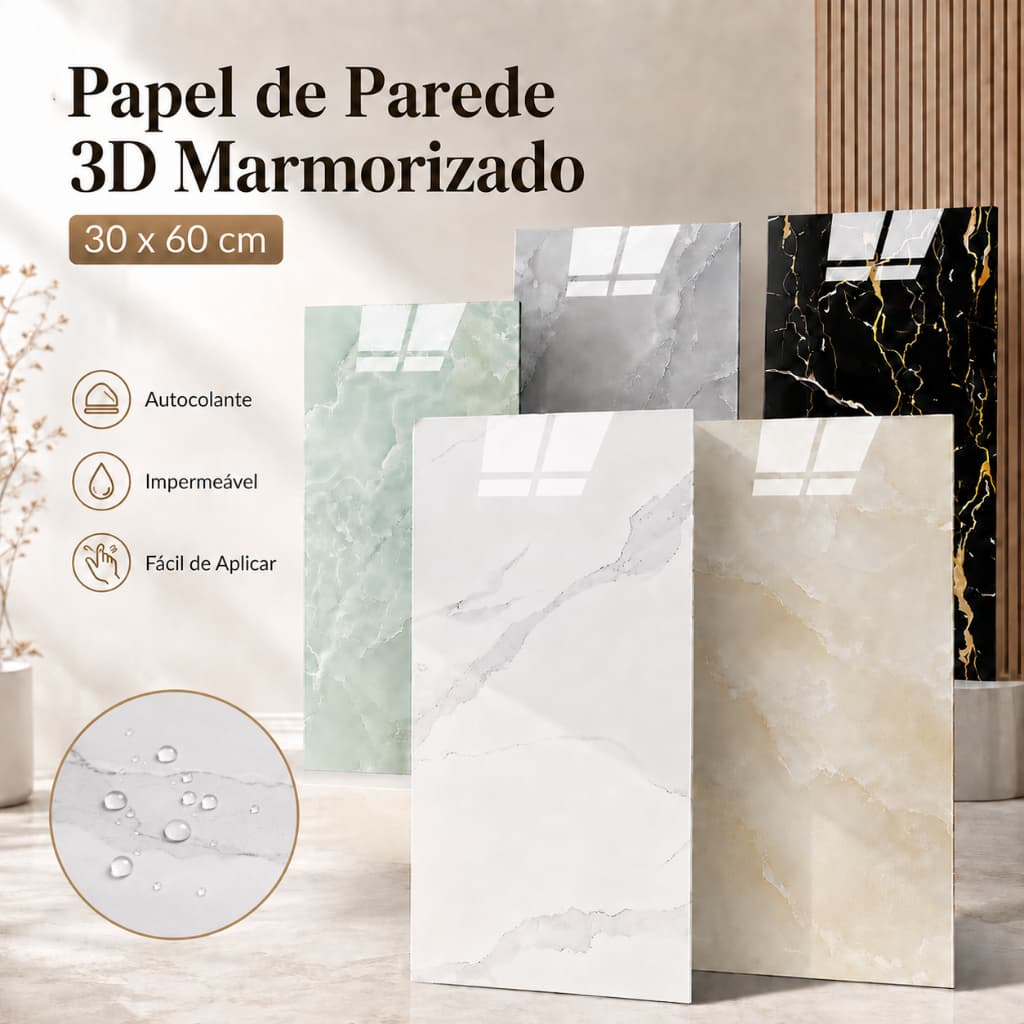 Placa Adesiva 3D Mármore 60x30cm Autocolante Lavável Impermeável Parede Cozinha Banheiro