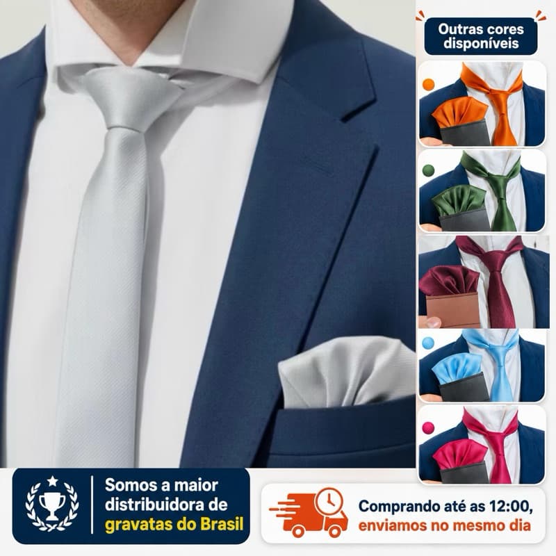 Gravata Prata kit Gravta com lenço de bolso slim