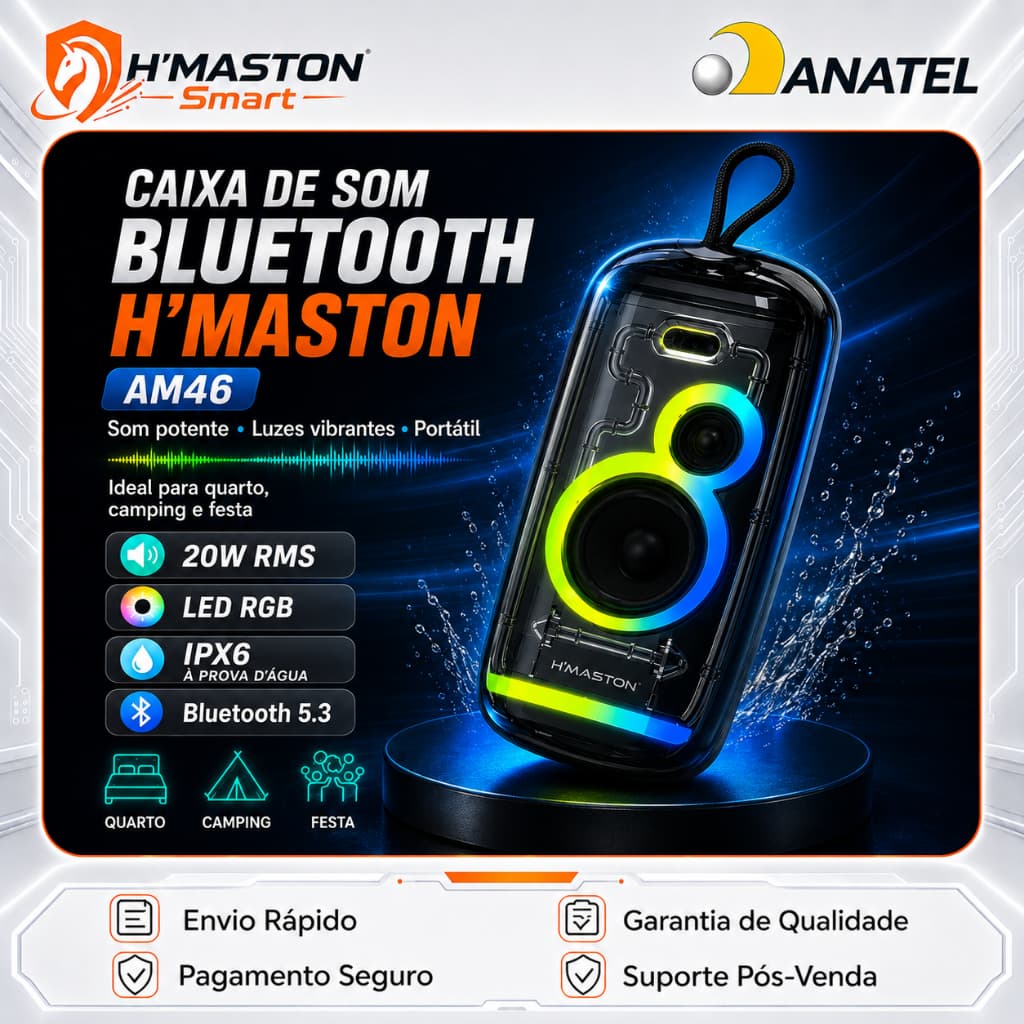 H’MASTON AM46 Caixinha De Som Bluetooth Caixa De Som Blootooth Caixa De Som Bluetooth Portátil 20W Bateria 3000mAh