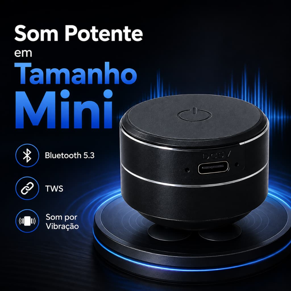 Mini Alto-Falante por Vibração Bluetooth 5.3 3W TWS Portátil com 4 Ventosas e Carregamento USB Type-C