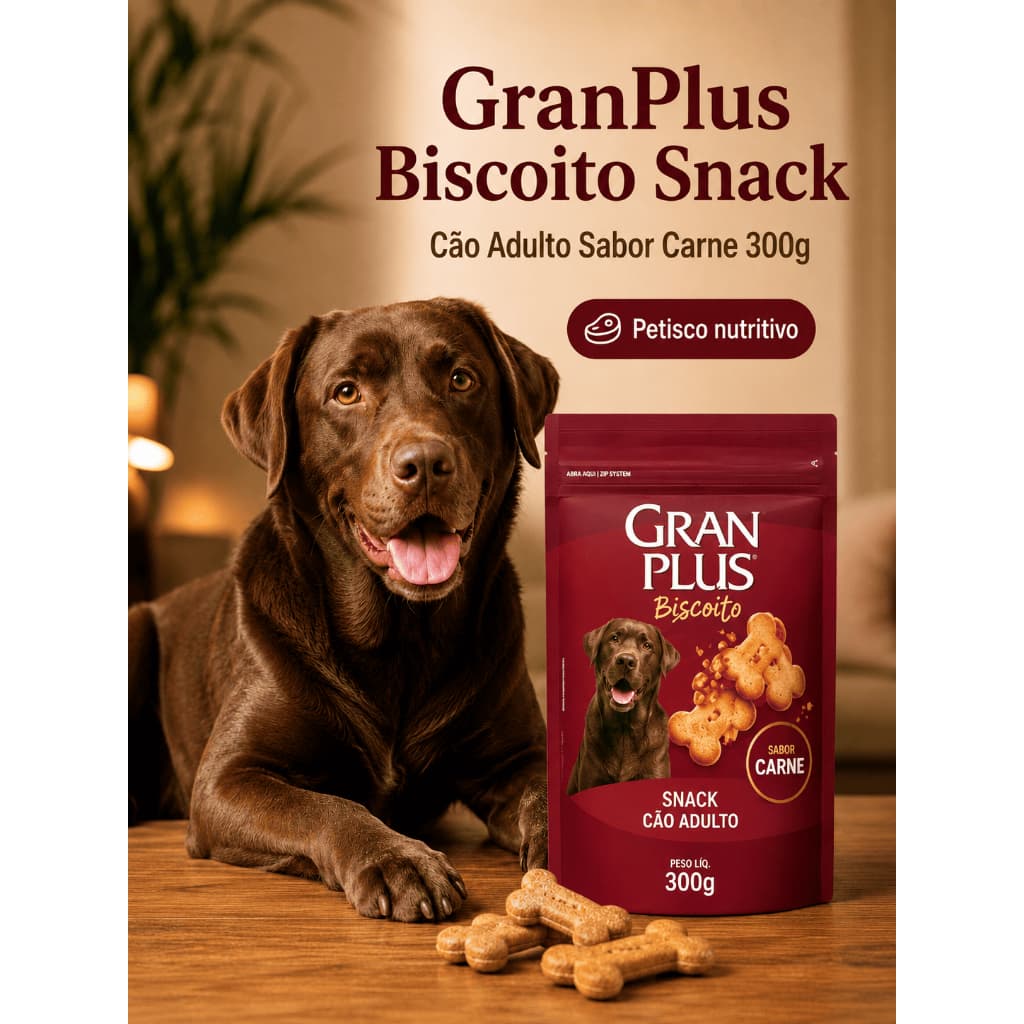 GranPlus Biscoito Snack para Cães Adultos Sabor Carne 300g Petisco Crocante Nutritivo para Cachorro