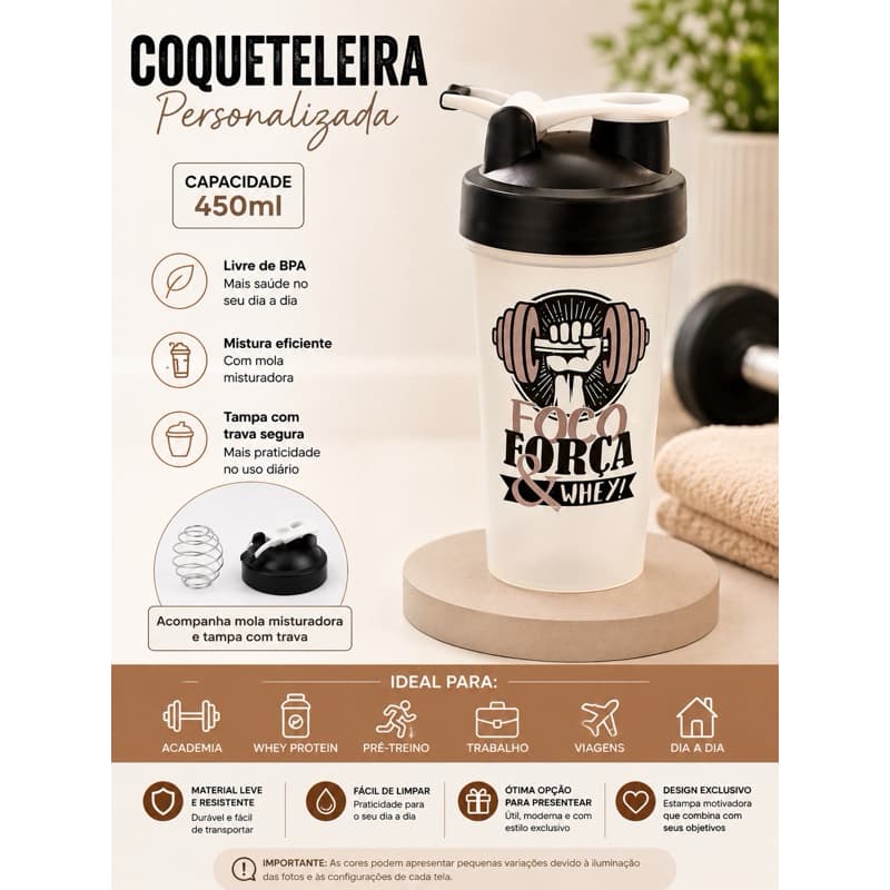 Coqueteleira 450ml com Mola Misturadora Tampa com Trava Academia Whey Fitness