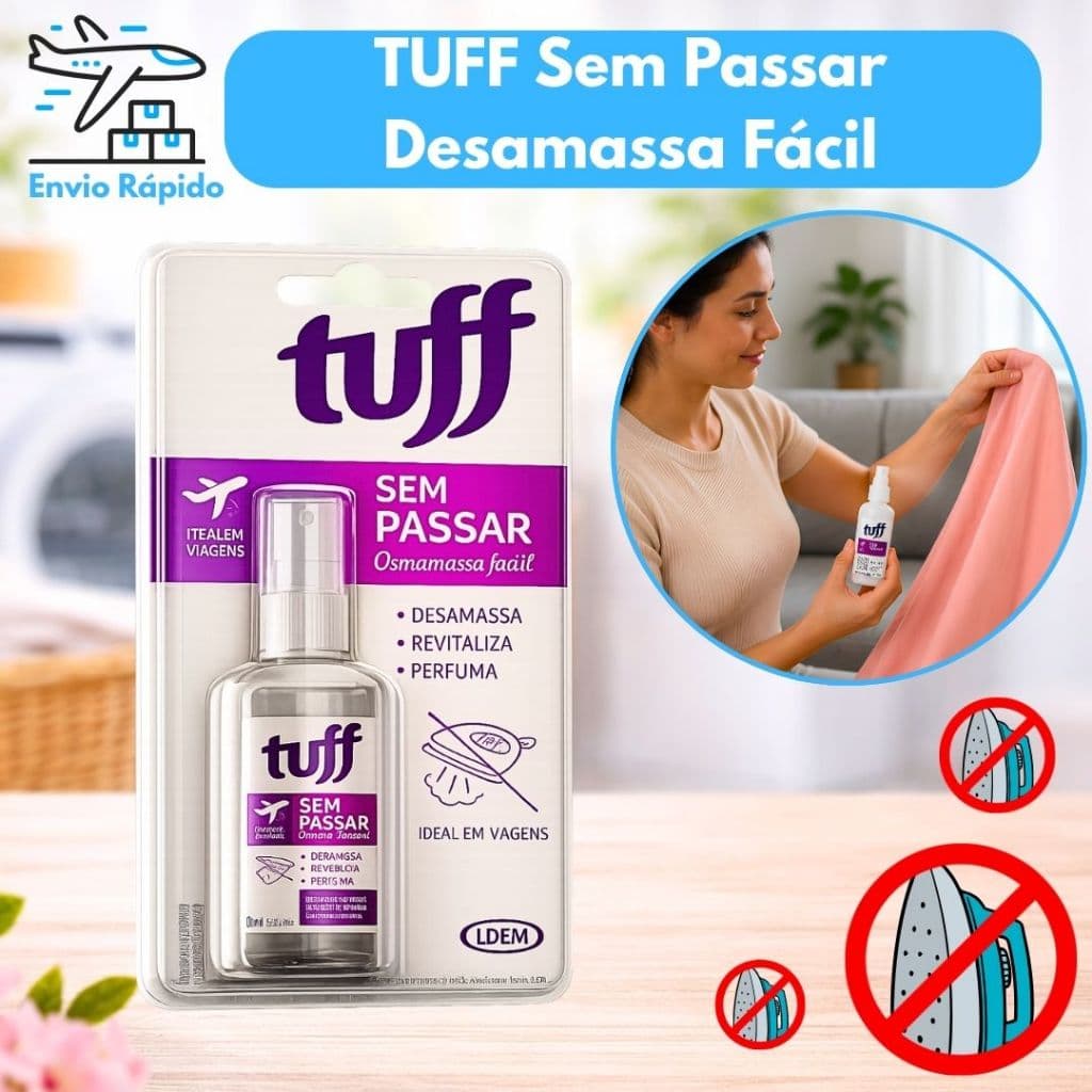 Tuff Sem Passar 60ml Desamassa Fácil Roupas Spray Prático Neutraliza Odores Ideal para Viagem e Dia a Dia