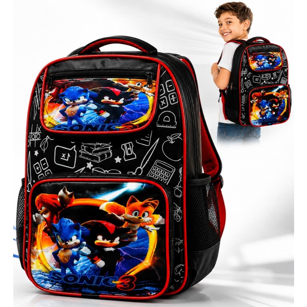 Mochila Escolar Infantil Sonic Menino Grande Reforçada Material Escolar